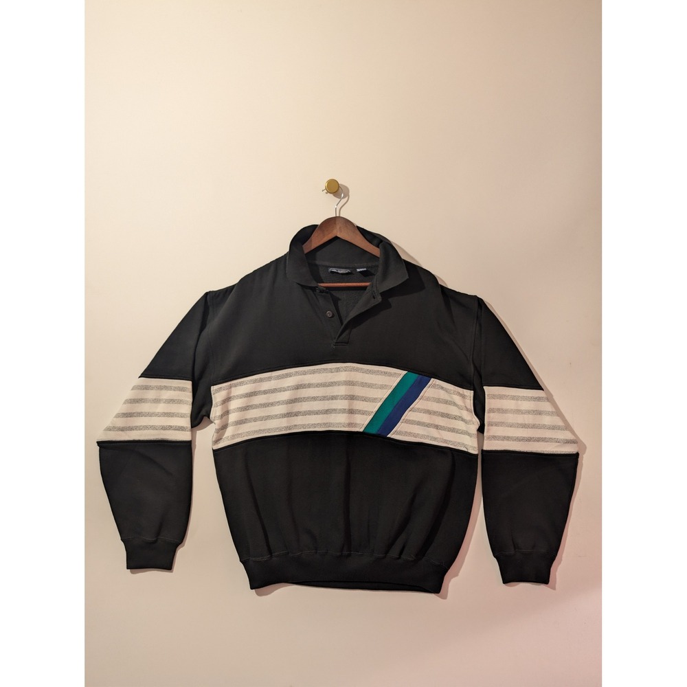 Neil Martin Pullover Sweatshirt Mens XL Black Striped Vintage Retro Polo Collar